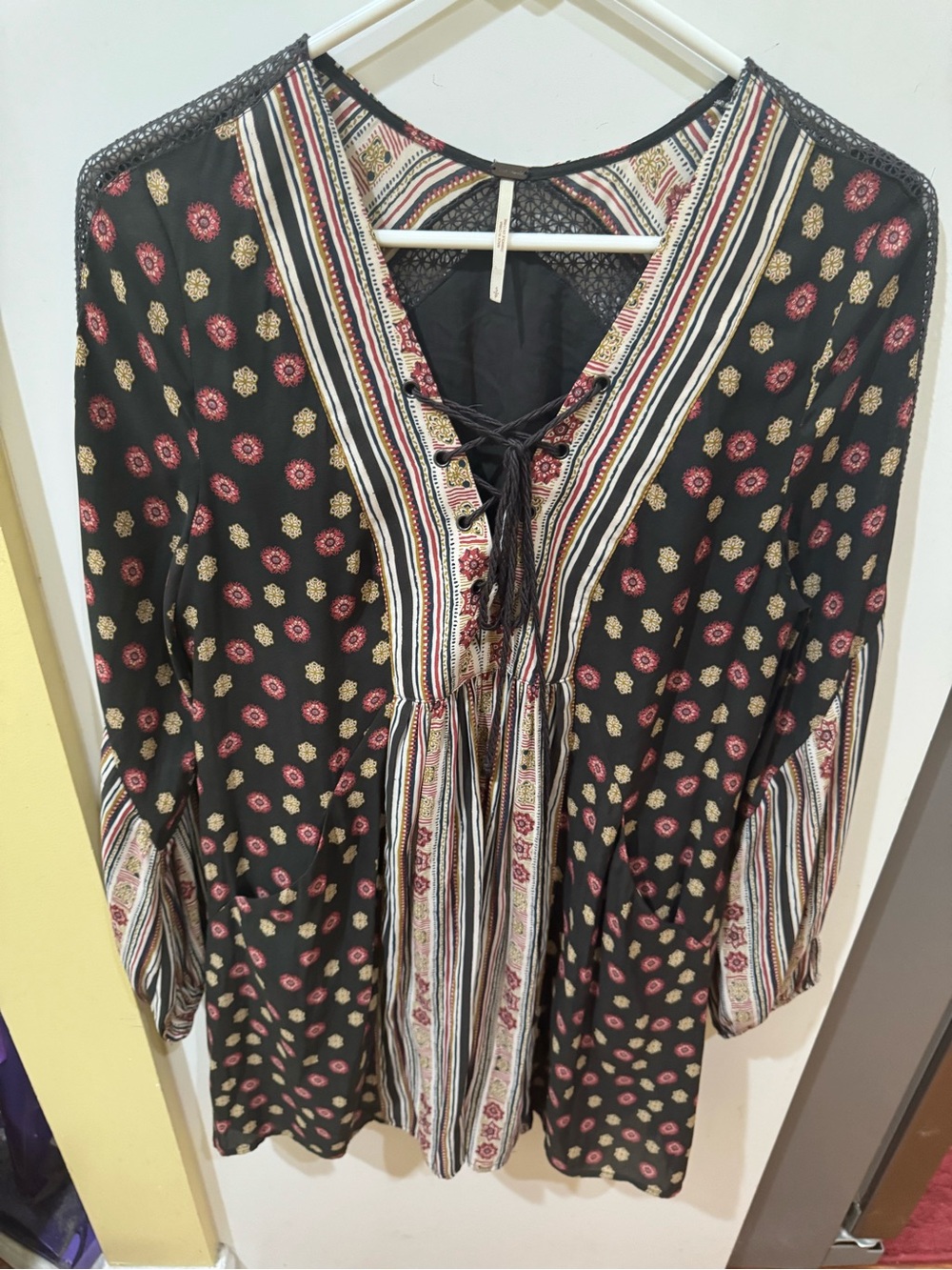Free People Black with Multicolor Embroidered Detail Top